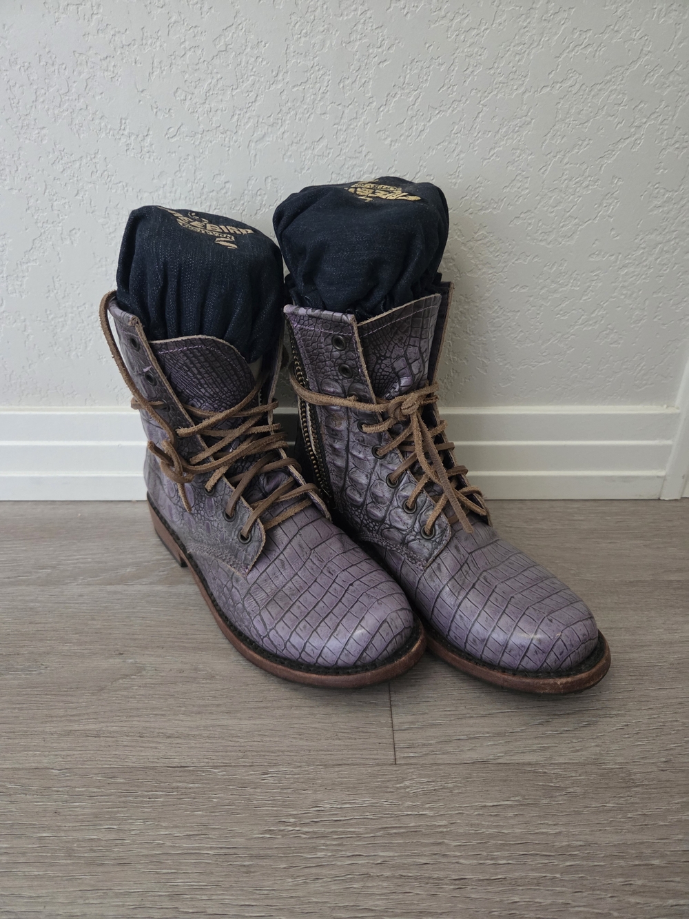 Freebird by Steven Purple Croc-Embossed Lace-Up Combat Boots 8